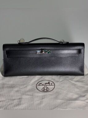 HERMES BLACK BOX CALF LEATHER KELLY CUT CLUTCH BAG PALLADIUM HARDWARE